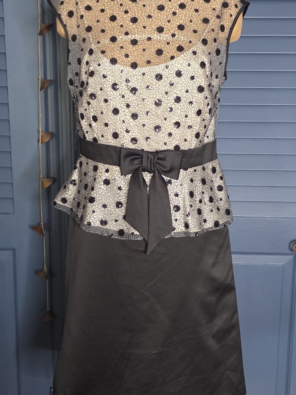 Liz Claiborne Cocktail Dress 12 Black Satin Peplum Polka Dot Bow